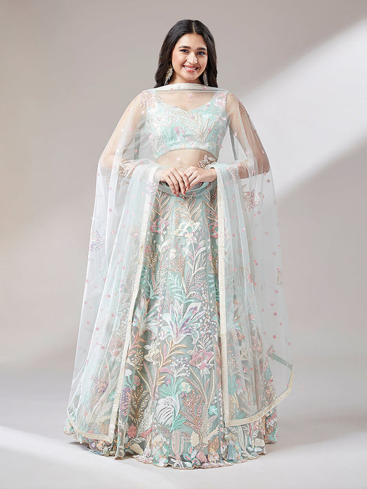 Women 's Lime Green Net Sequinse Work Ready to Wear Lehenga & stitched Blouse with Dupatta
