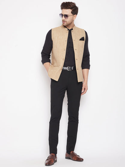 Men's Beige Color Woven Nehru Jacket