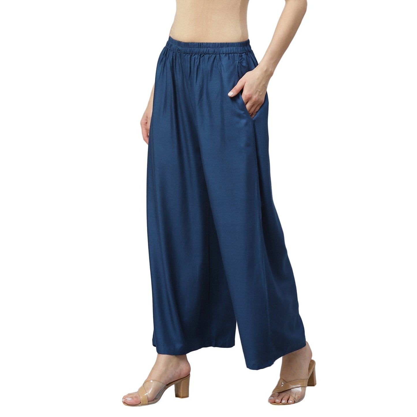 Women's Blue Cotton Solid Casual Trouser