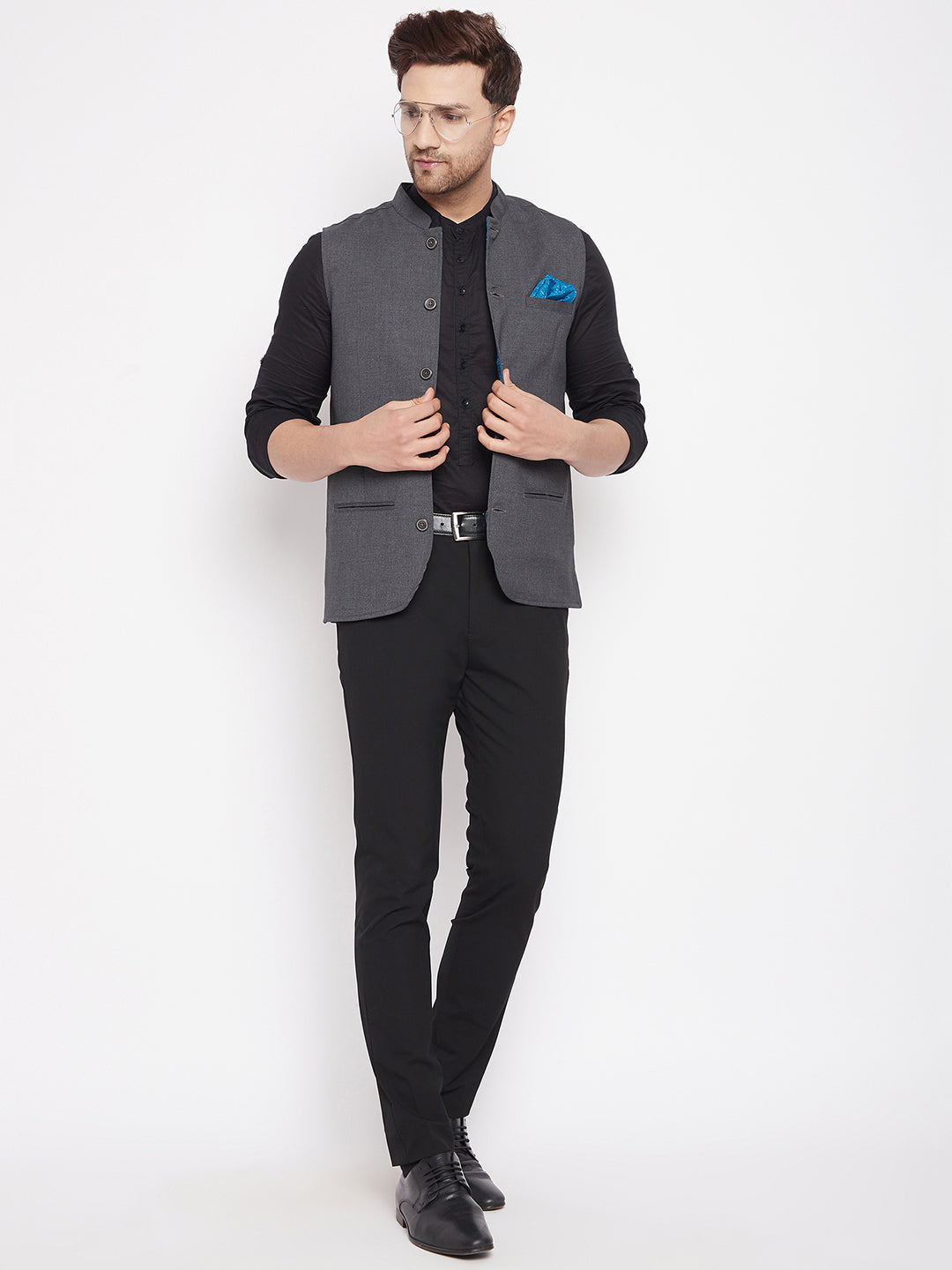 Men's Grey Color Nehru Jacket-Contrast Lining-Free Pocket Square