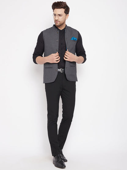 Men's Grey Color Nehru Jacket-Contrast Lining-Free Pocket Square