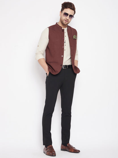 Men's Maroon Color Woven Nehru Jacket