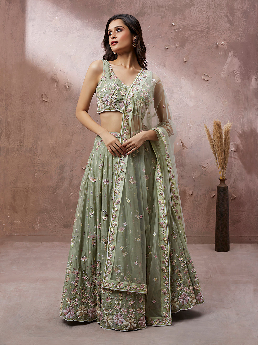 Women's Lime Green Georgette Sequins With Heavy Zarkan Embroidery Ready To Wear  Lehenga Choli & Dupatta