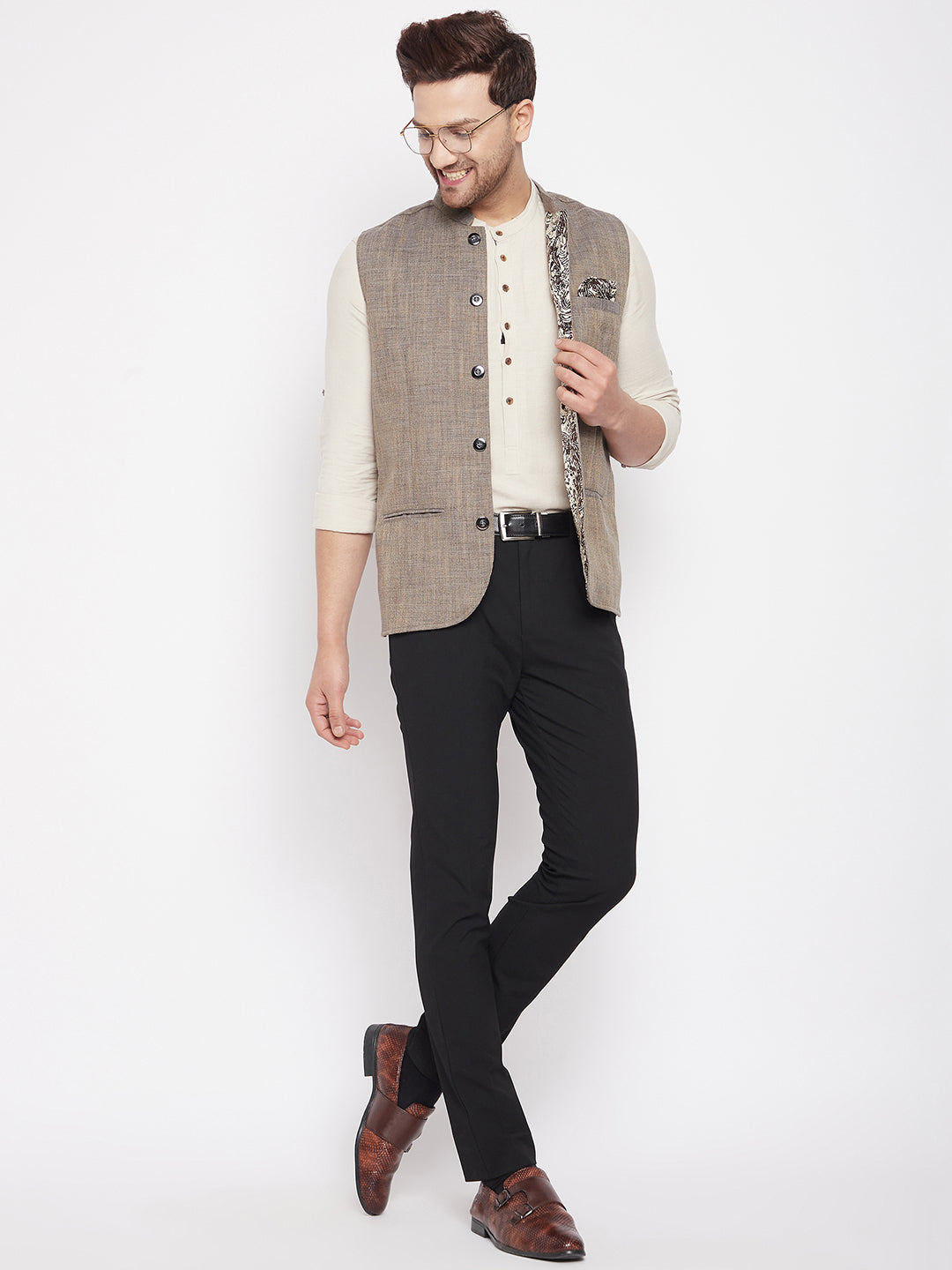 Men's Brown Color Woven Nehru Jacket