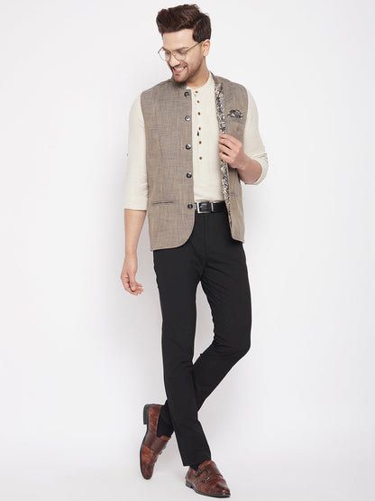 Men's Brown Color Woven Nehru Jacket
