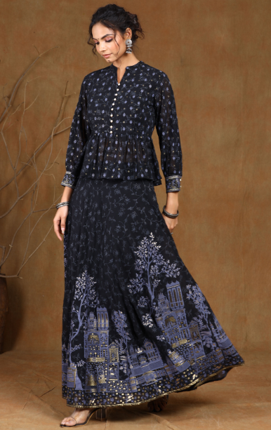 Women's Black Georgette Printed Lehenga Choli
