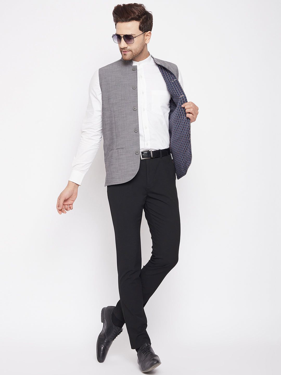 Men's Grey Color Nehru Jacket-Contrast Lining-Free Pocket Square