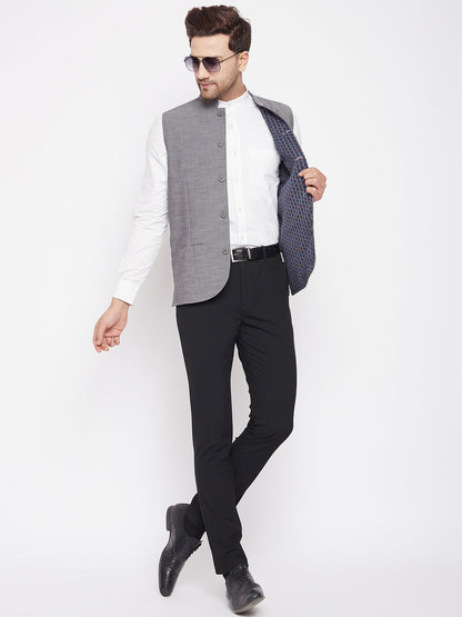 Men's Grey Color Nehru Jacket-Contrast Lining-Free Pocket Square