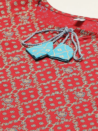 Women's Red & Blue Ethnic Motifs Hand Printed Kurta with Skirt