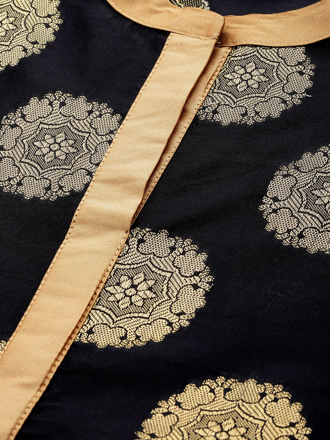 Women's Â Black And Golden Ethnic Motifs Printed Brocade Raw Silk Anarkali Kurta