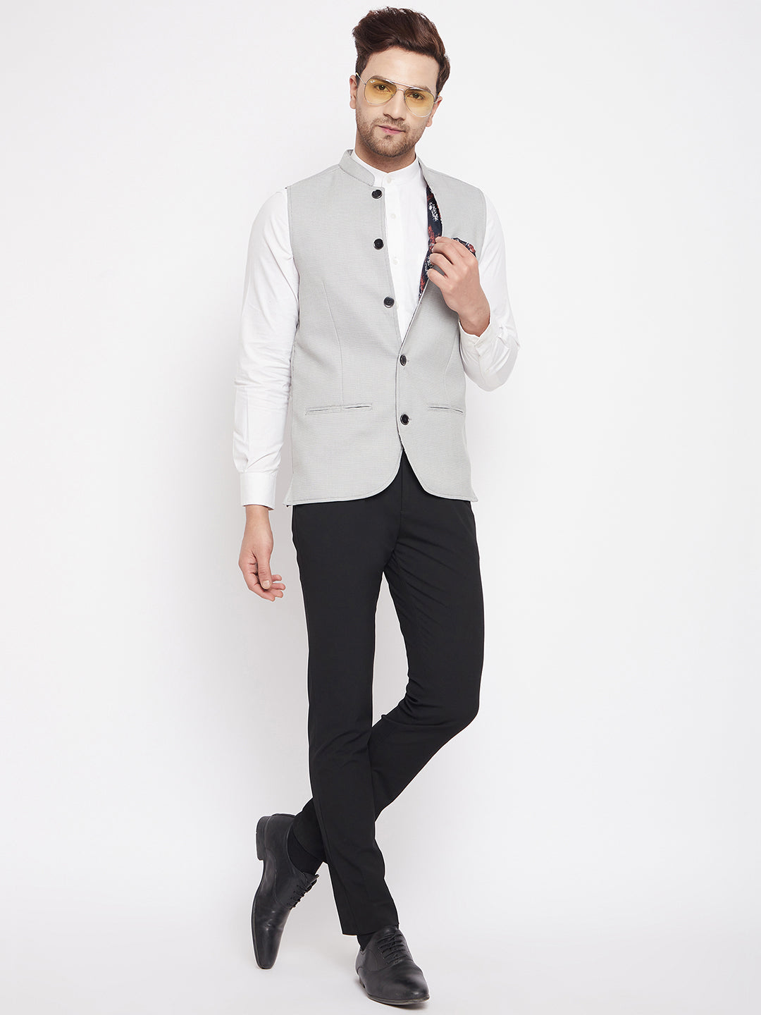 Men's Grey Color Nehru Jacket-Contrast Lining-Free Pocket Square