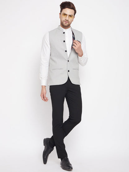 Men's Grey Color Nehru Jacket-Contrast Lining-Free Pocket Square
