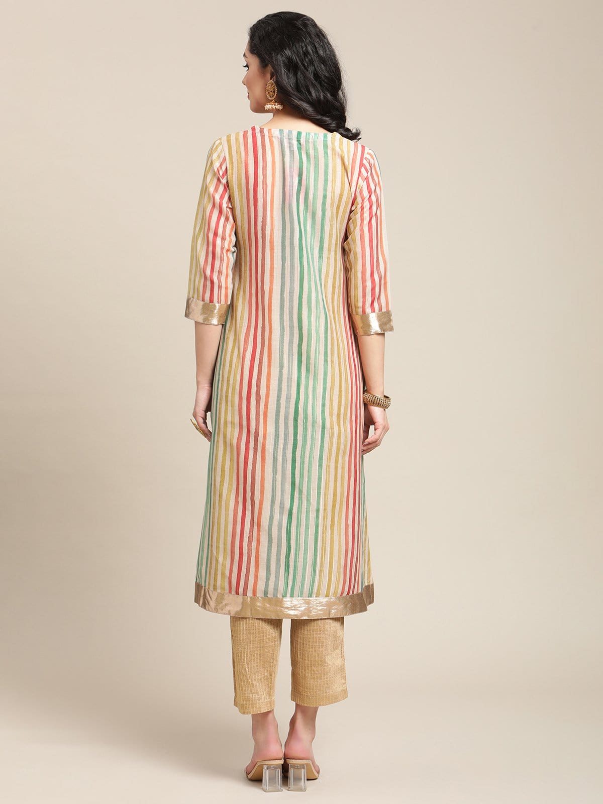 Women's Multicolored Striped V Neck A-Line Kurta With Shimmer Taping