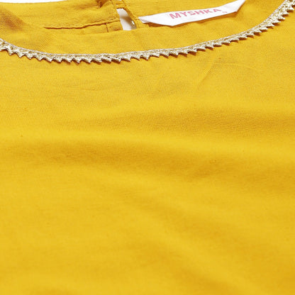 Women's Mustrd Cotton Solid Sleeveless Round Neck Casual Kurta Palazzo Set
