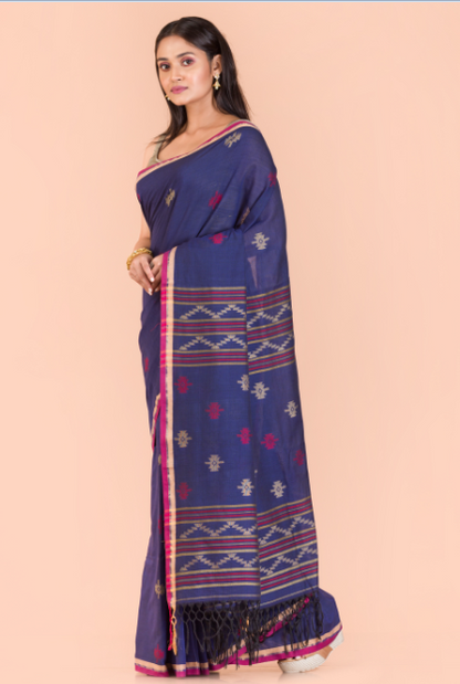 Women's Navy blue cotton jamdani saree