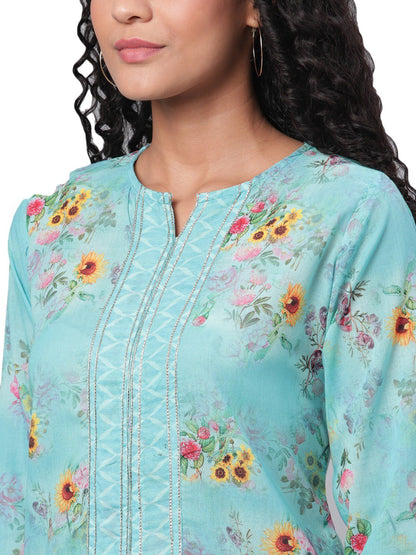 Women's Printed 3/4 Sleeve Poly Cotton Round Neck Kurta & Pant Set
