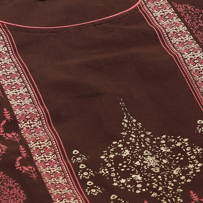 Women's Maroon Cotton Printed 3/4 Sleeve Round Neck Casual Kurta Only