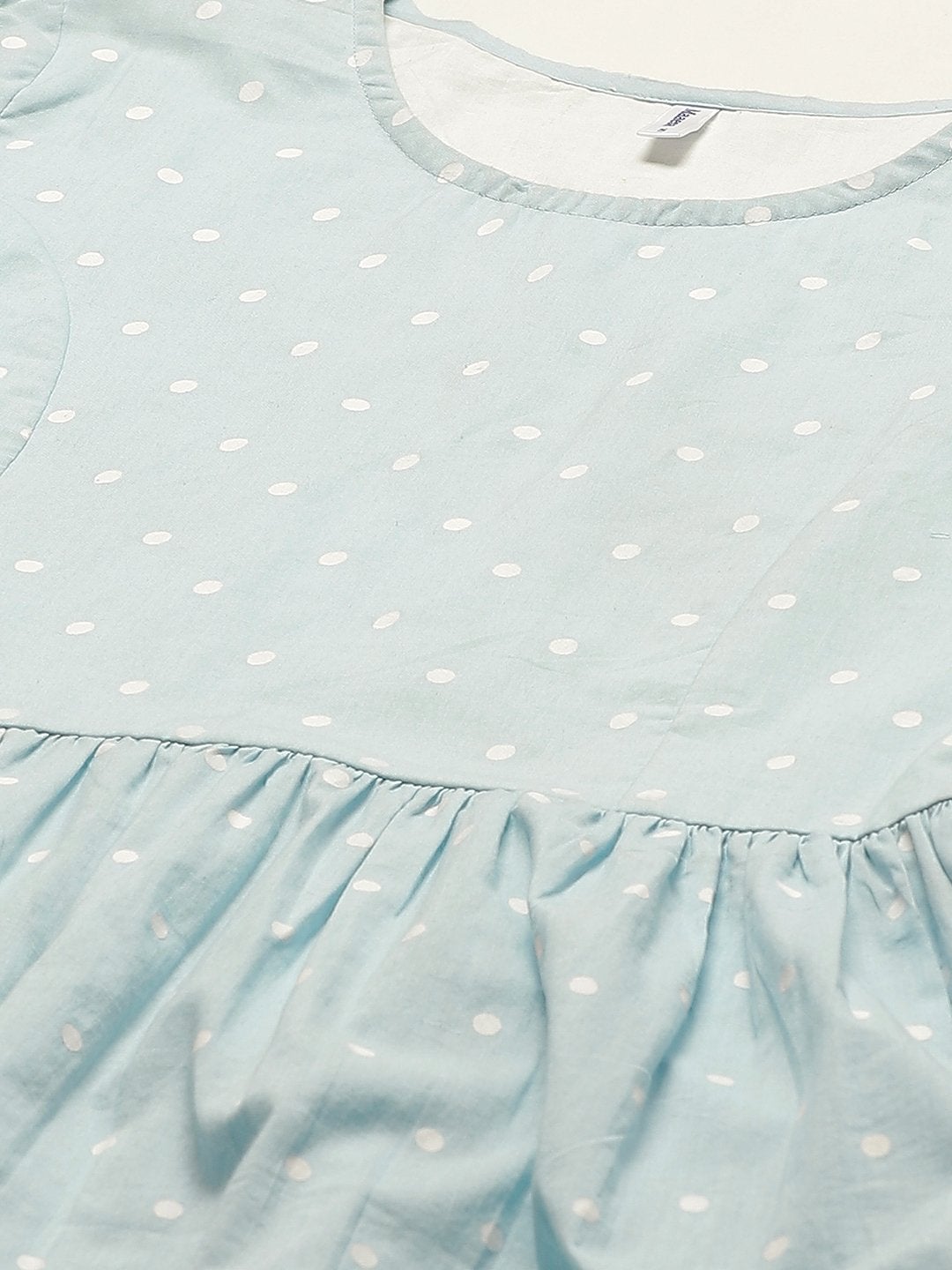 Women's Blue & White Polka Dot Hand Printed A-Line Pleated Cotton Kurta with Palazzos