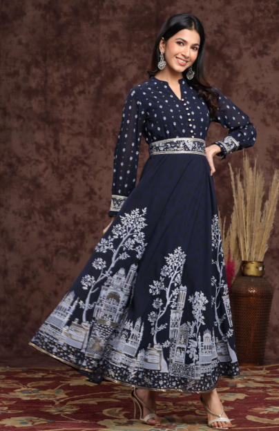 Women's Georgette Printed Flared Dress With Belt
