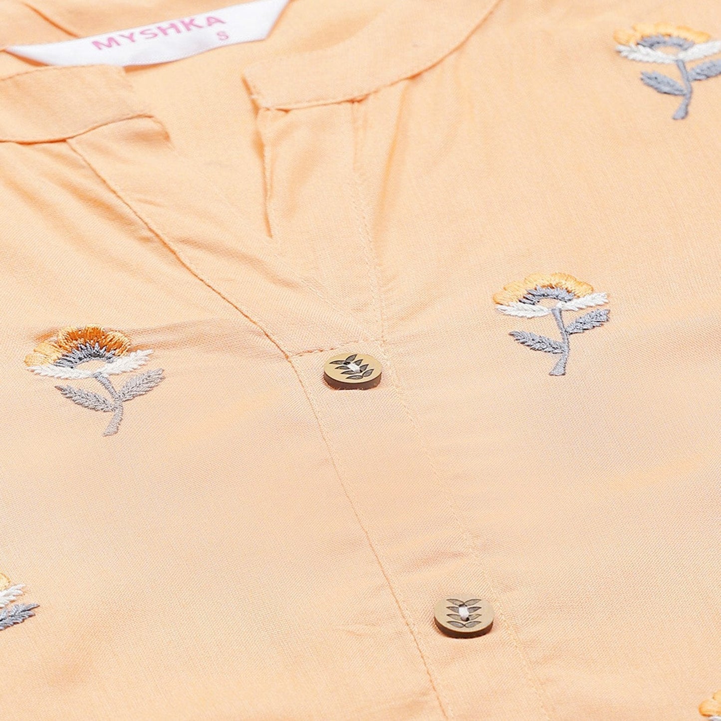 Women's Peach Rayon Embroidered 3/4 Sleeve Collar Casual Kurta Only