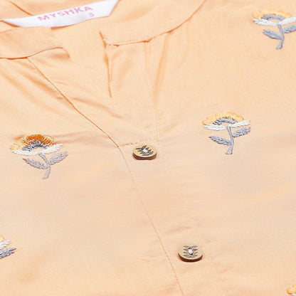 Women's Peach Rayon Embroidered 3/4 Sleeve Collar Casual Kurta Only
