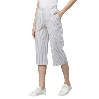 Women White Striped Cotton Culottes Trousers by Myshka (