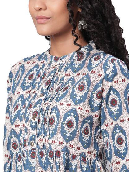 Women's Multi Printed 3/4 Sleeve Coller Neck Cotton Casual Top