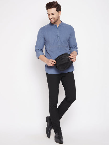 Men's Grey Color Short Kurta with Band Collar