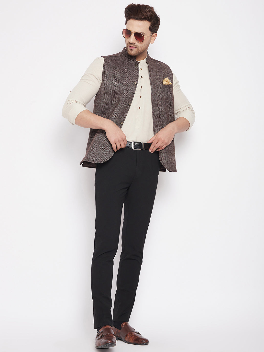 Men's Brown Color Woven Nehru Jacket