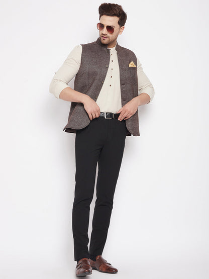 Men's Brown Color Woven Nehru Jacket