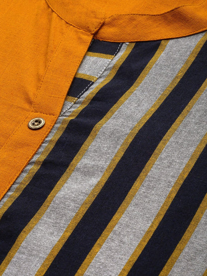 Women's KSUT Mustard And Grey Woven Stripe Kurta With Stripe Woven Trouser