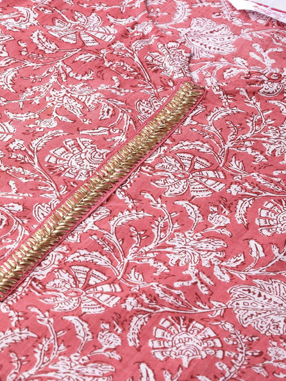 Women's Pink Cotton Printed Half Sleeve Round Neck Casual Kurta Palazzo Set