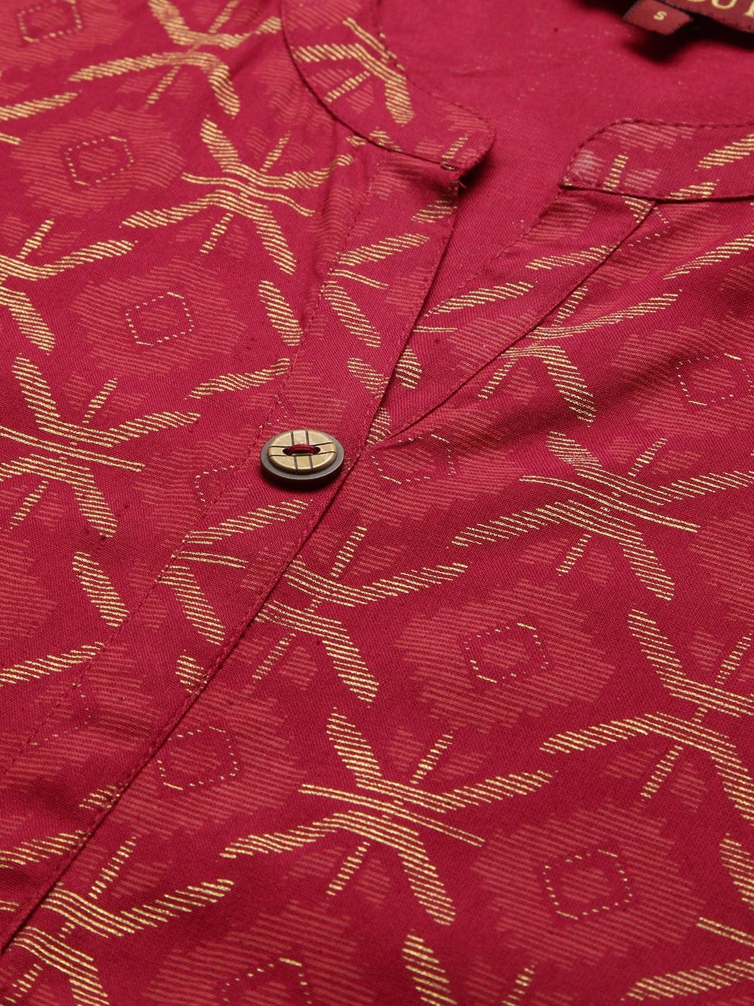 Women's KSUT Fuchsia And Gold Geometric Printed A Line Kurta With 3/4Th Sleeves