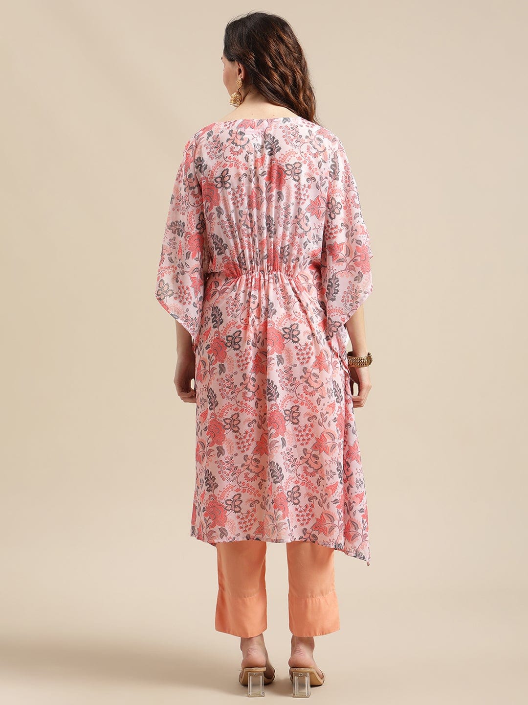 Women's Peach Floral Printed Kaftan Trouser Set