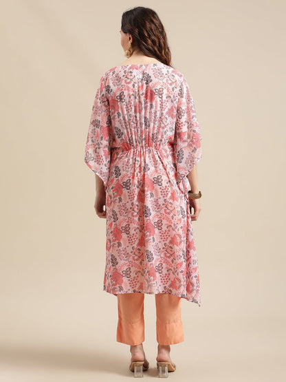 Women's Peach Floral Printed Kaftan Trouser Set