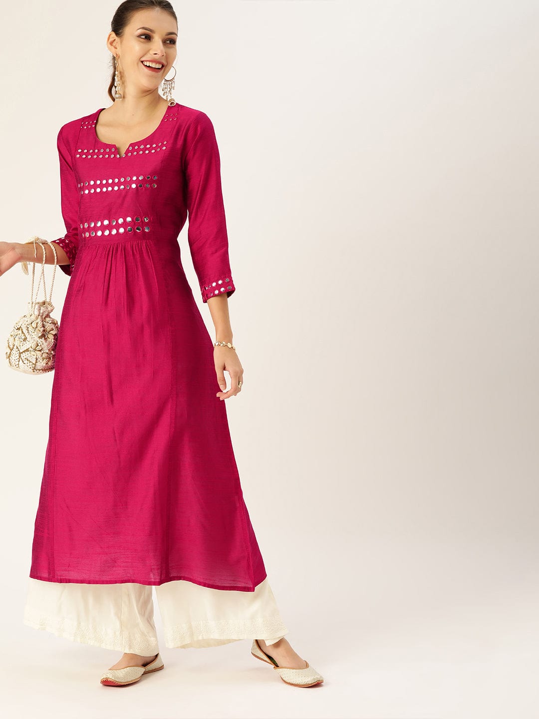 Women's Magenta & Silver-Toned Embellished A-Line Kurta