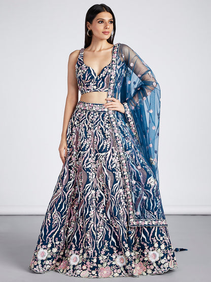 Women's Navy Blue Net Sequins And Thread Embroidery Lehenga Choli & Dupatta