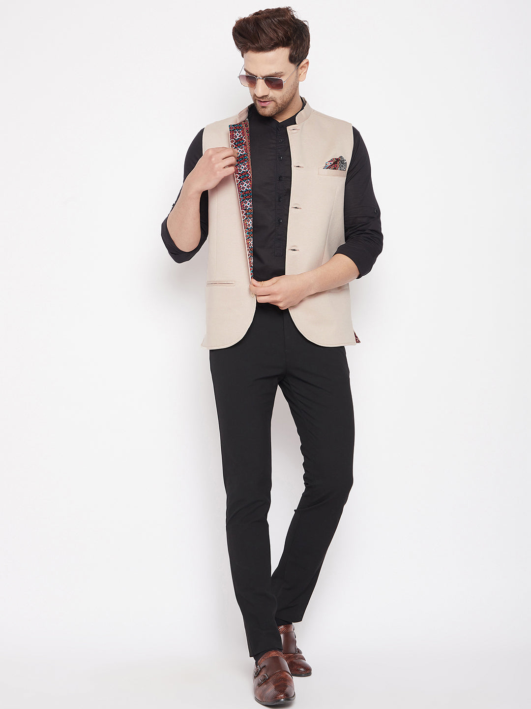 Men's Cream Color Woven Nehru Jacket