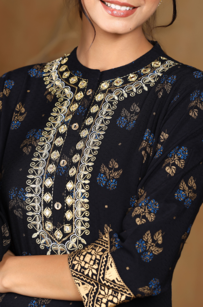 Women's Black Rayon Dobby Asymmetric Kurta