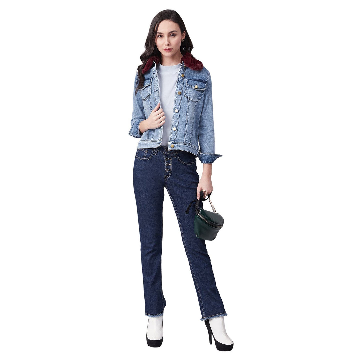 Women's Distressed Denim Jacket with Detachable Maroon Fur Collar