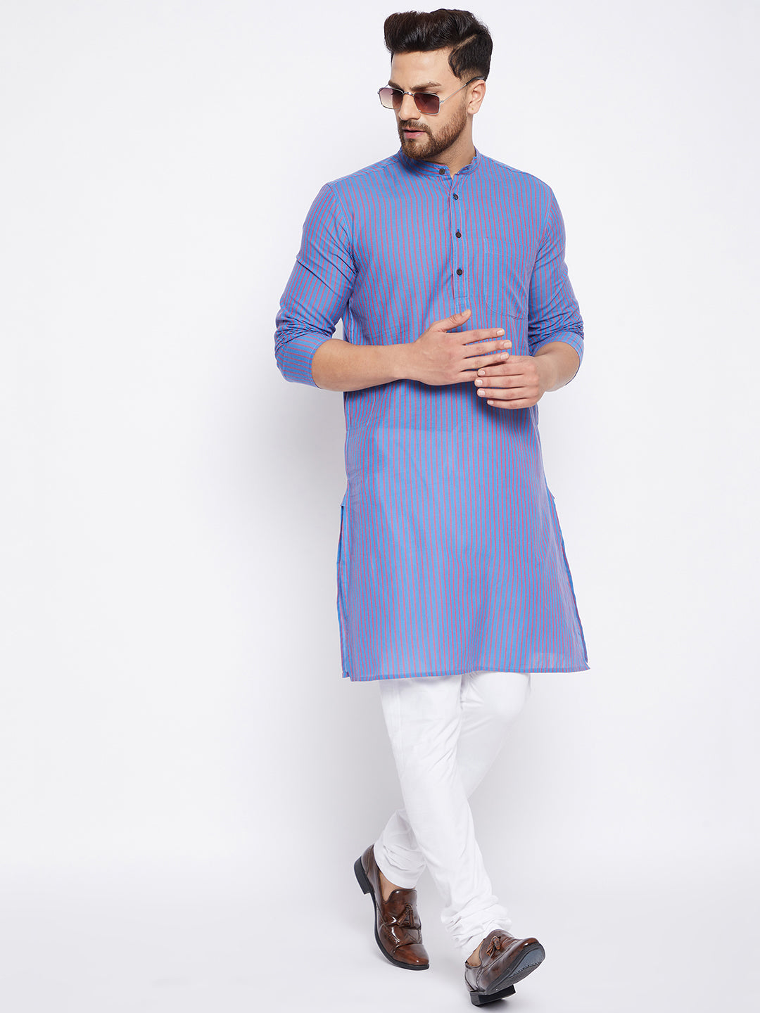 Men's Cotton Striped Blue Kurta