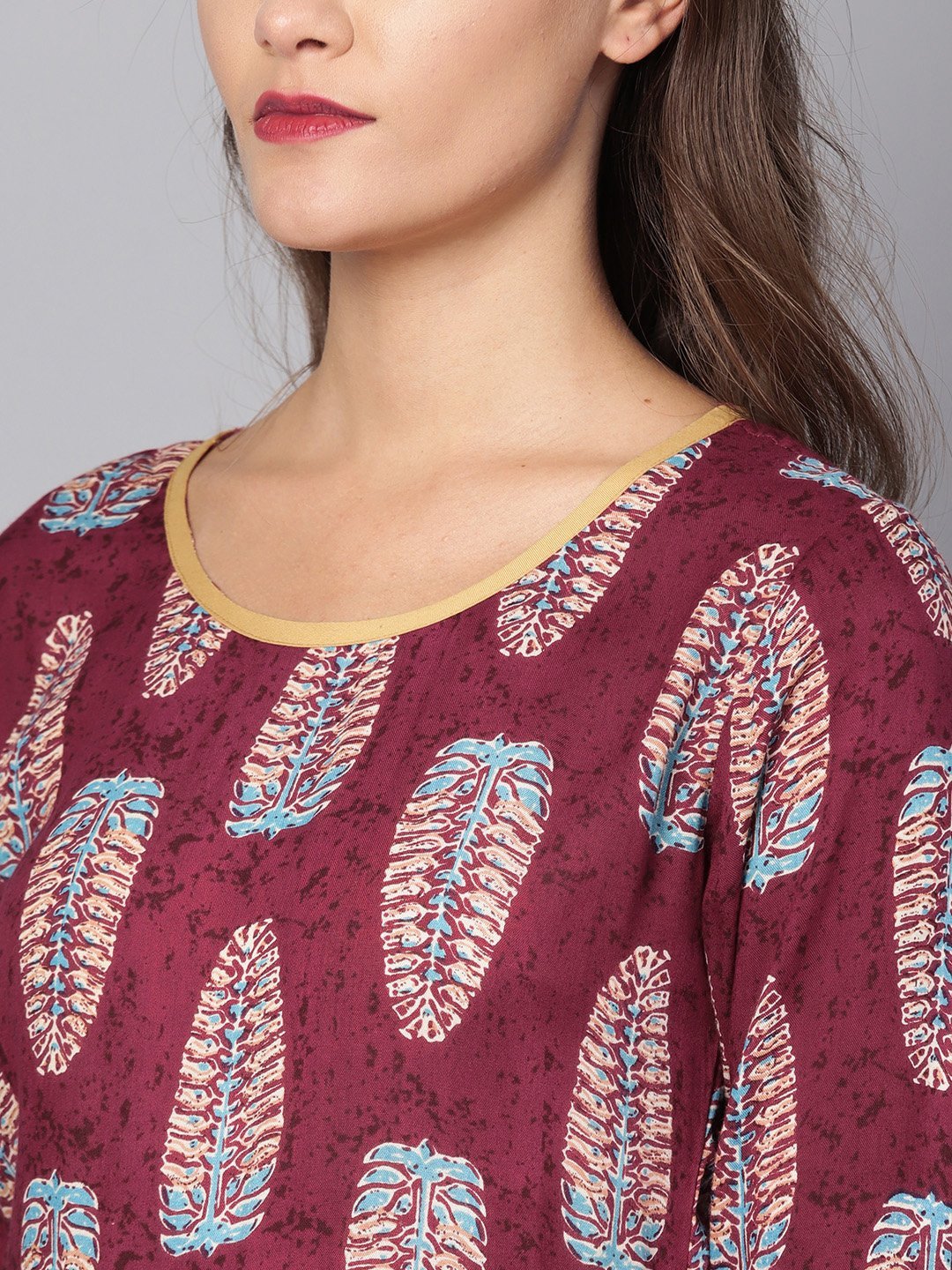 Women's Purple Rayon Printed 3/4 Sleeve Round Neck Casual Kurta Only
