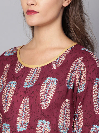 Women's Purple Rayon Printed 3/4 Sleeve Round Neck Casual Kurta Only