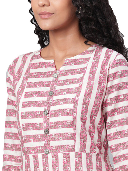 Women's Multi Printed 3/4 Sleeve Cotton Round Neck Casual Dress