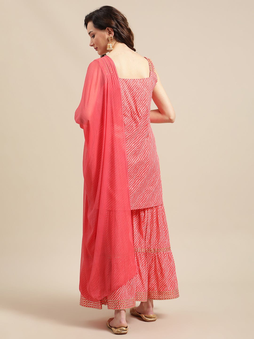 Women's Peach Heavy Gota Embellished Kurta Sharara Set With Chiffon Dupatta