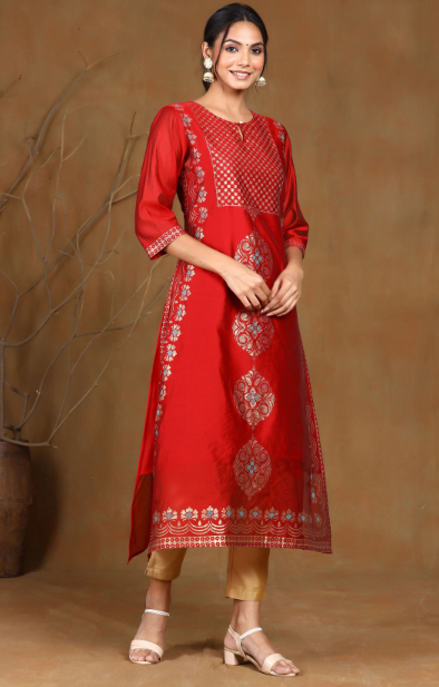 Women's Black Modal Chanderi Printed Straight Kurta