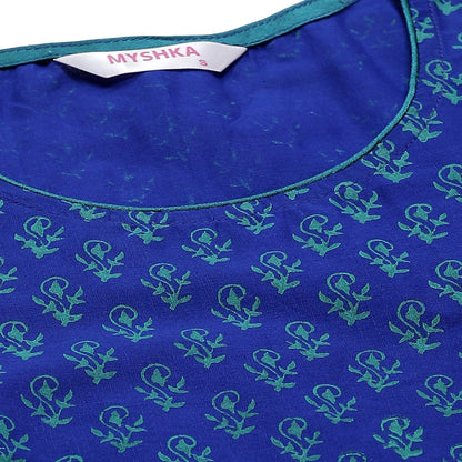 Women's Blue Cotton Printed 3/4 Sleeve Round Neck Casual Kurta Only