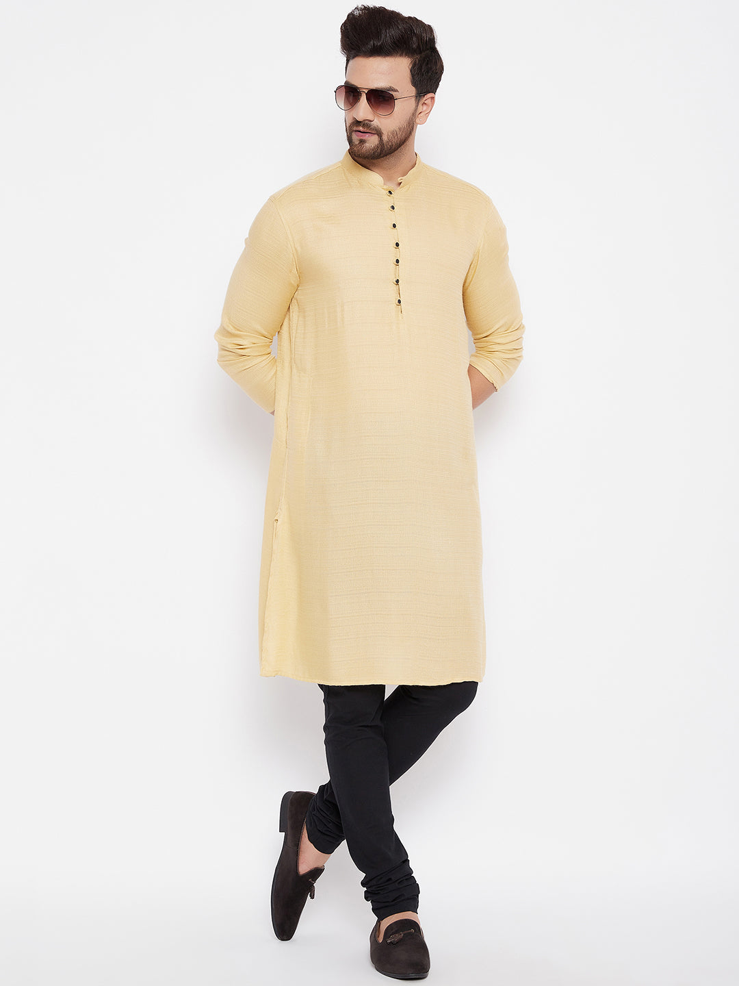 Men's Woven Design Gold Straight  Kurta1