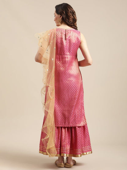 Women's Pink And Gold Brocade Sleeveless Kurta Sharara Set With Sequins Ruffle Dupatta