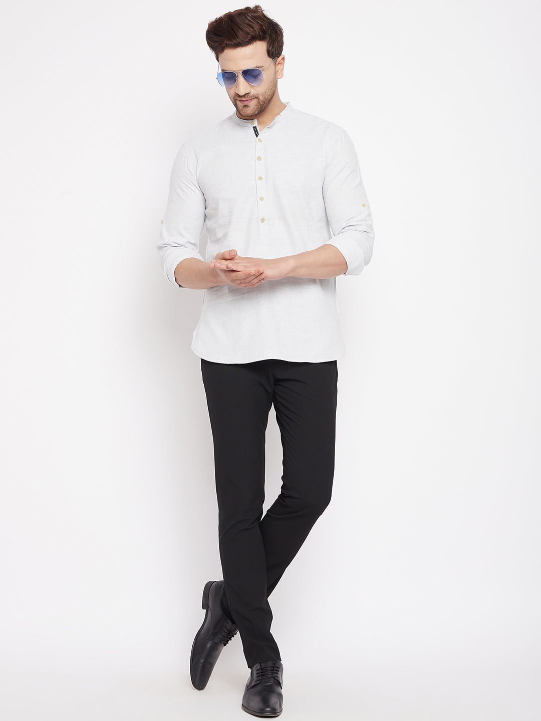 Men's Cream Color Short Kurta with Band Collar